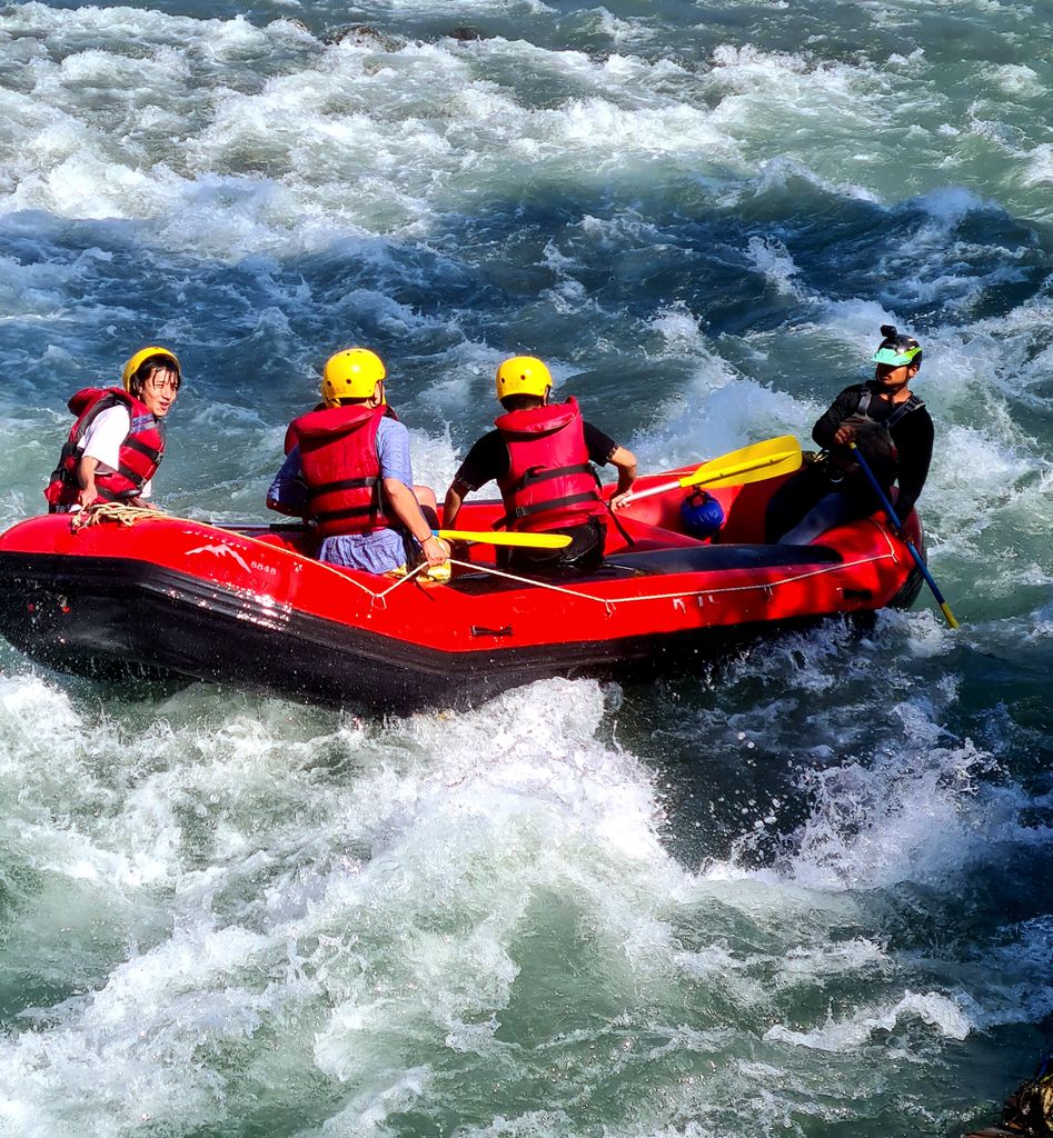 Group enjoying thrilling whitewater rafting in rugged river rapids, showcasing adventure and teamwork.