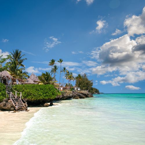 Idyllic beachfront scene in Zanzibar with palm trees, turquoise sea, and a traditional villa.