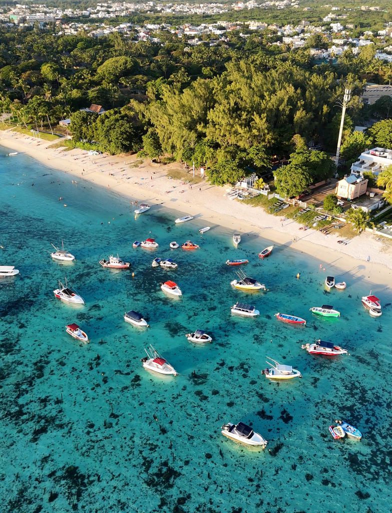 Aerial photo of vibrant boats anchored near the sandy Mauritius coastline, surrounded by lush greenery.