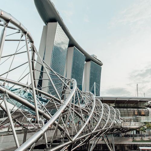 Modern architectural marvel featuring Marina Bay Sands and Helix Bridge in Singapore.