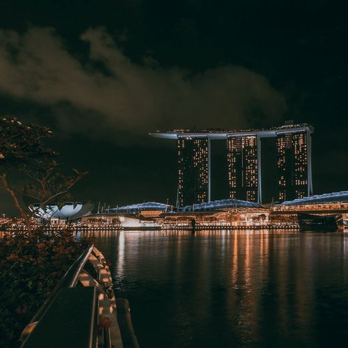 Nighttime cityscape of Marina Bay Sands, Singapore, with reflections on water.