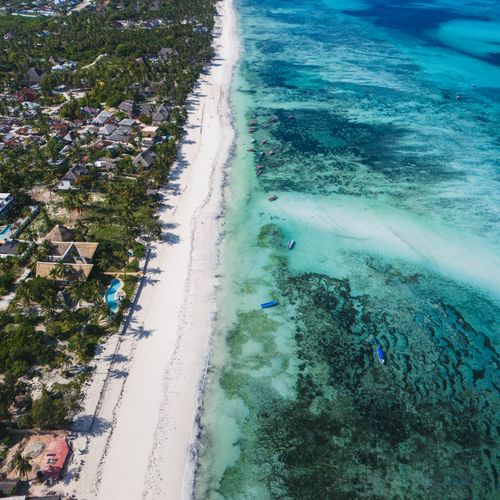 Stunning aerial view of Zanzibar's pristine coastline and turquoise ocean.
